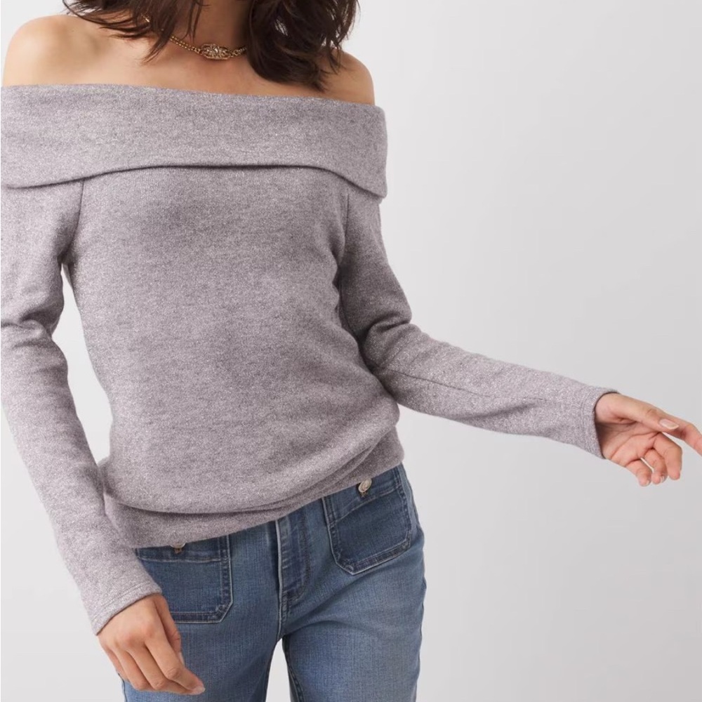 White House Black Market Heather Gray Off-Shoulder Glitter Sweater